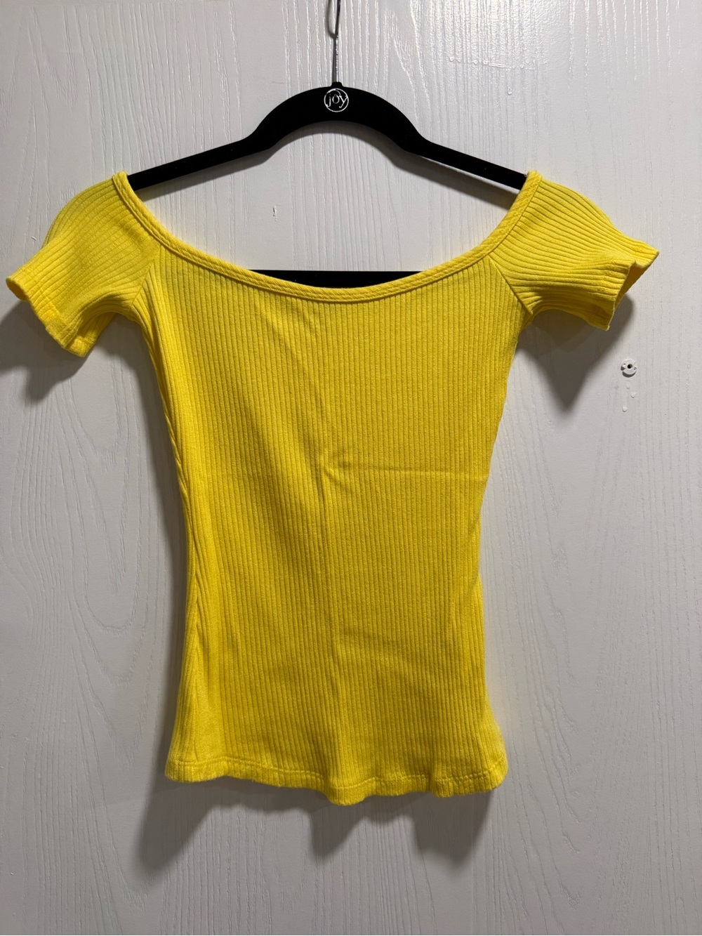 Bright Yellow Ribbed Off-Shoulder Crop Top - Picture 2 of 3